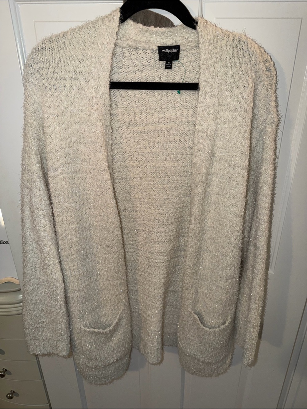 Wallpapher Ivory Open-Front Bouclé Pocket Cardigan